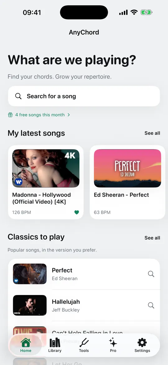 The AnyChord home screen, searching for a song by artist and title