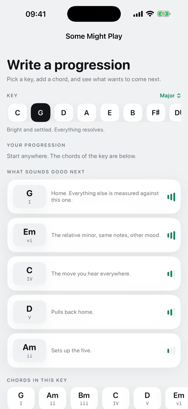 The builder screen, choosing a key and adding chords with ranked suggested continuations