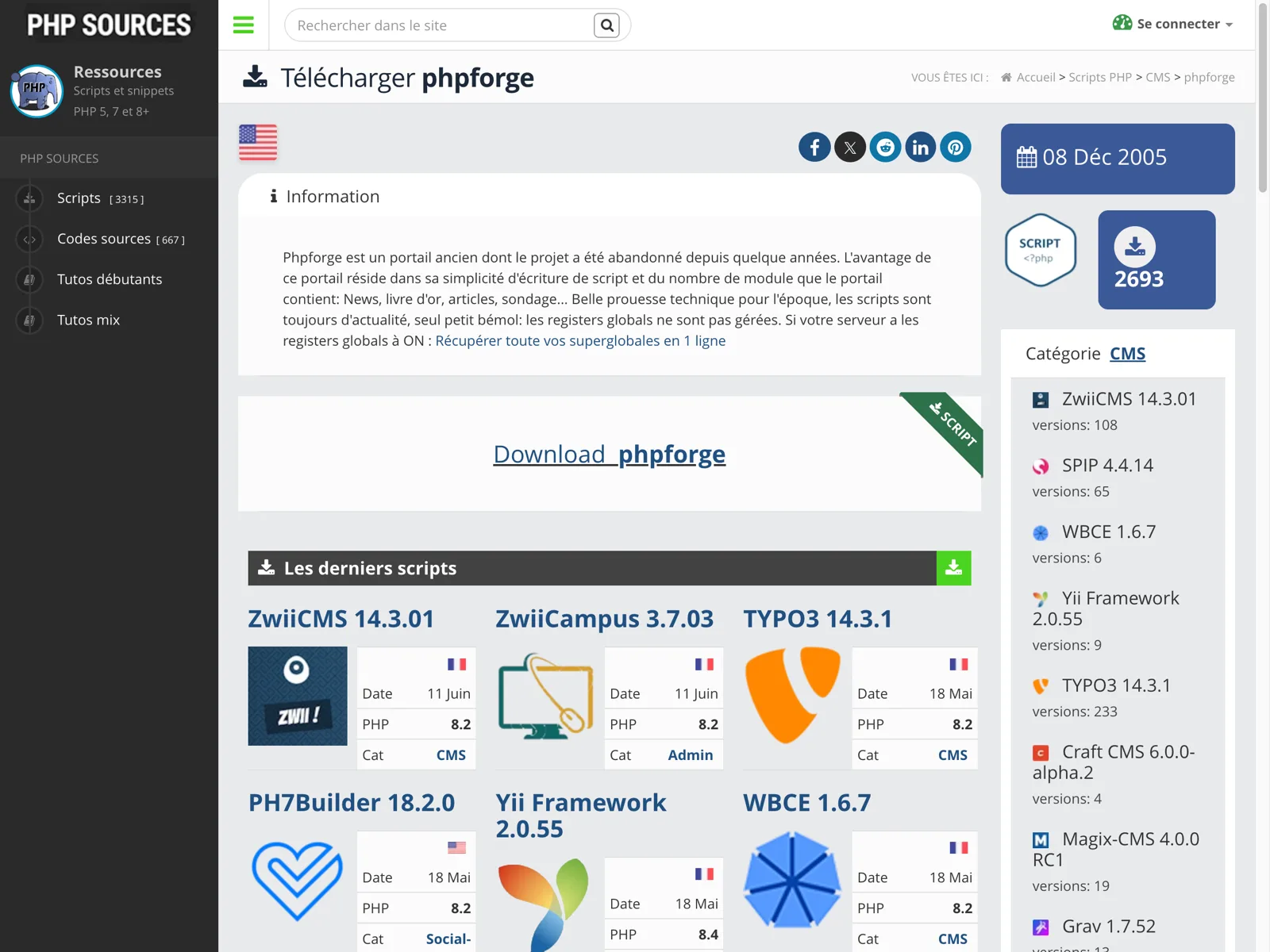 The phpforge entry on phpsources.net, dated December 2005, with a downloadable 163 KB zip