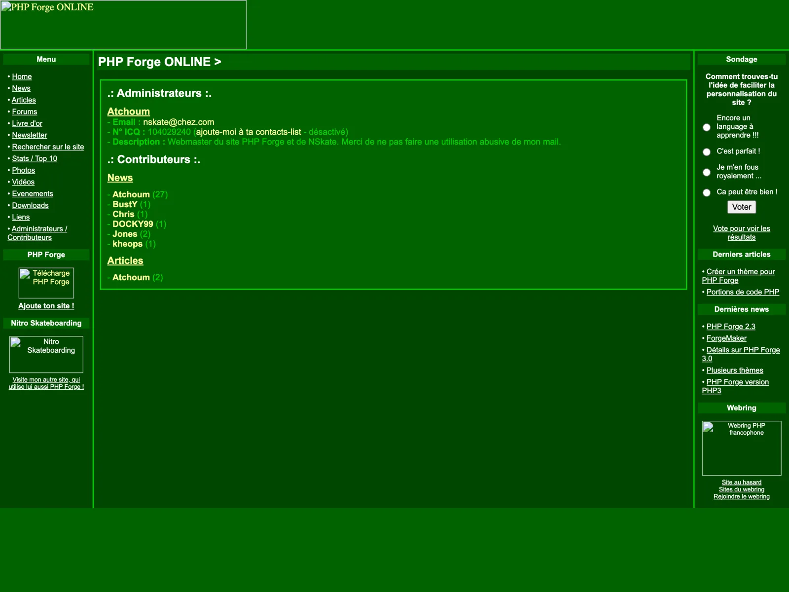 The Administrators and Contributors page of PHP Forge ONLINE, showing Atchoum's profile with his chez.com email and ICQ number