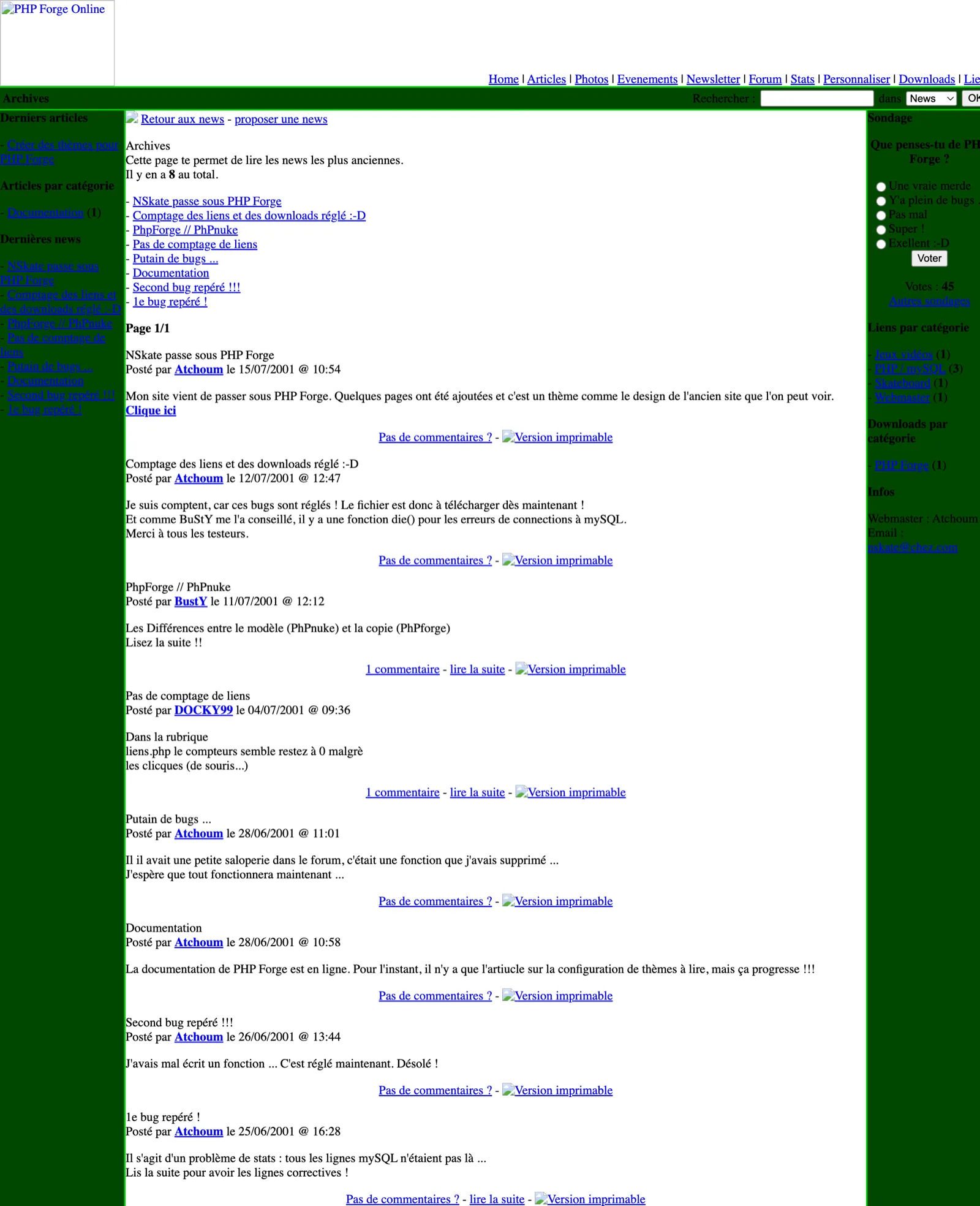 The PHP Forge ONLINE news page from July 2001 on the Wayback Machine, showing the site's first theme