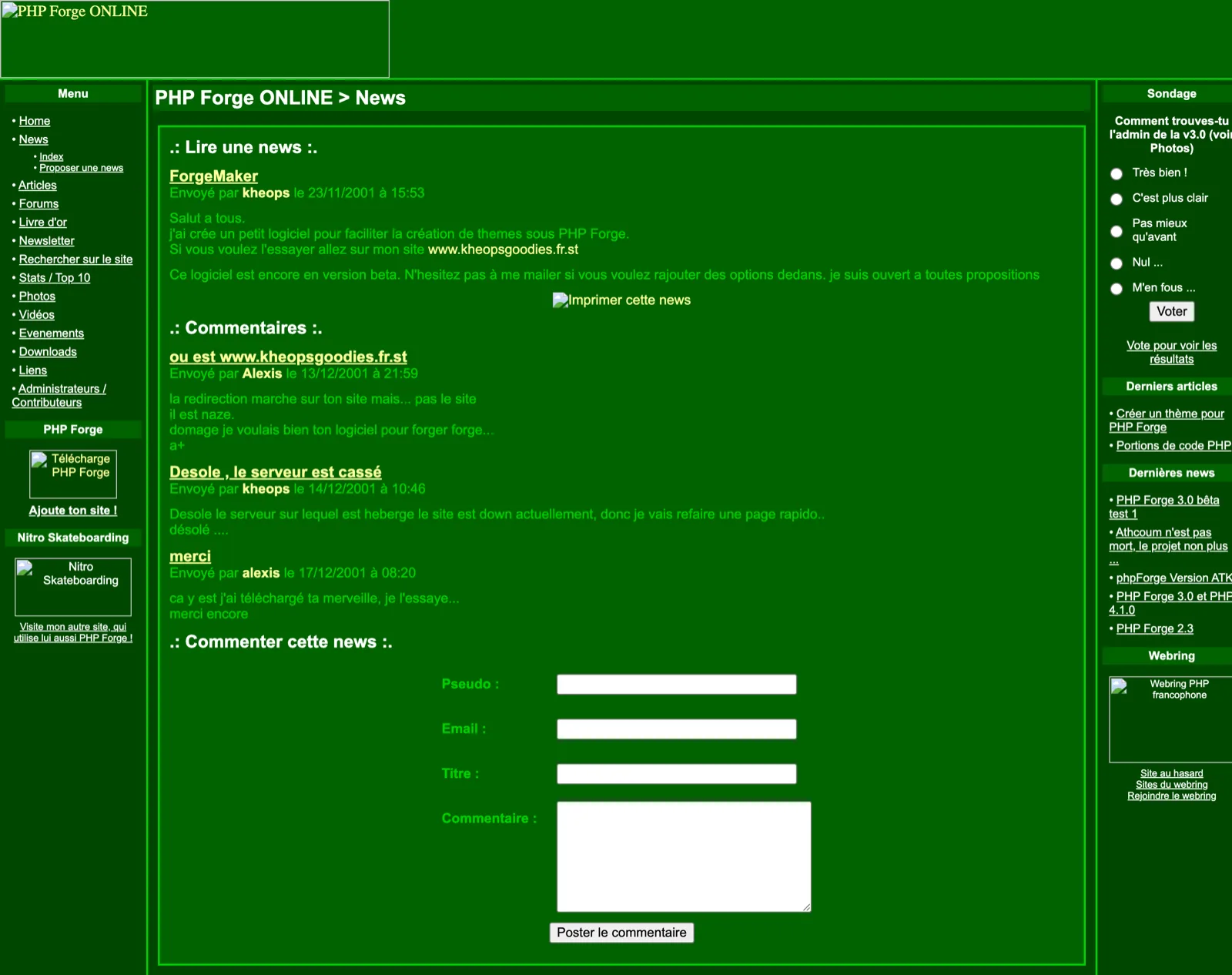 The November 2001 news post announcing ForgeMaker, kheops's Windows theme builder for PHP Forge