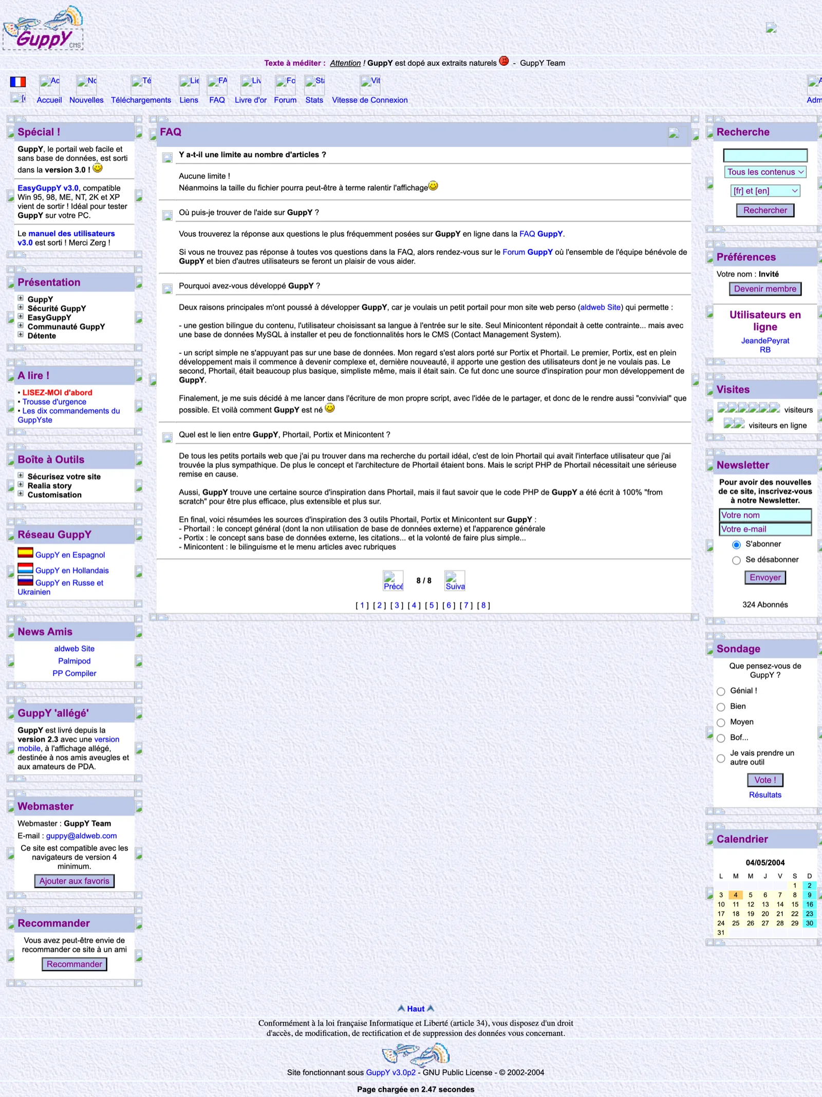 The GuppY FAQ from 2004, crediting Phortail as its main source of inspiration alongside Portix and Minicontent