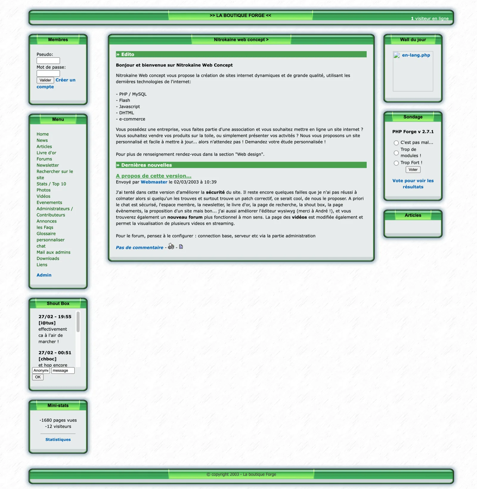 PHP Forge v2.7.3 running again locally in 2026, showing the Nitrokaine Web Concept home page with the original Shout Box messages from February 2003