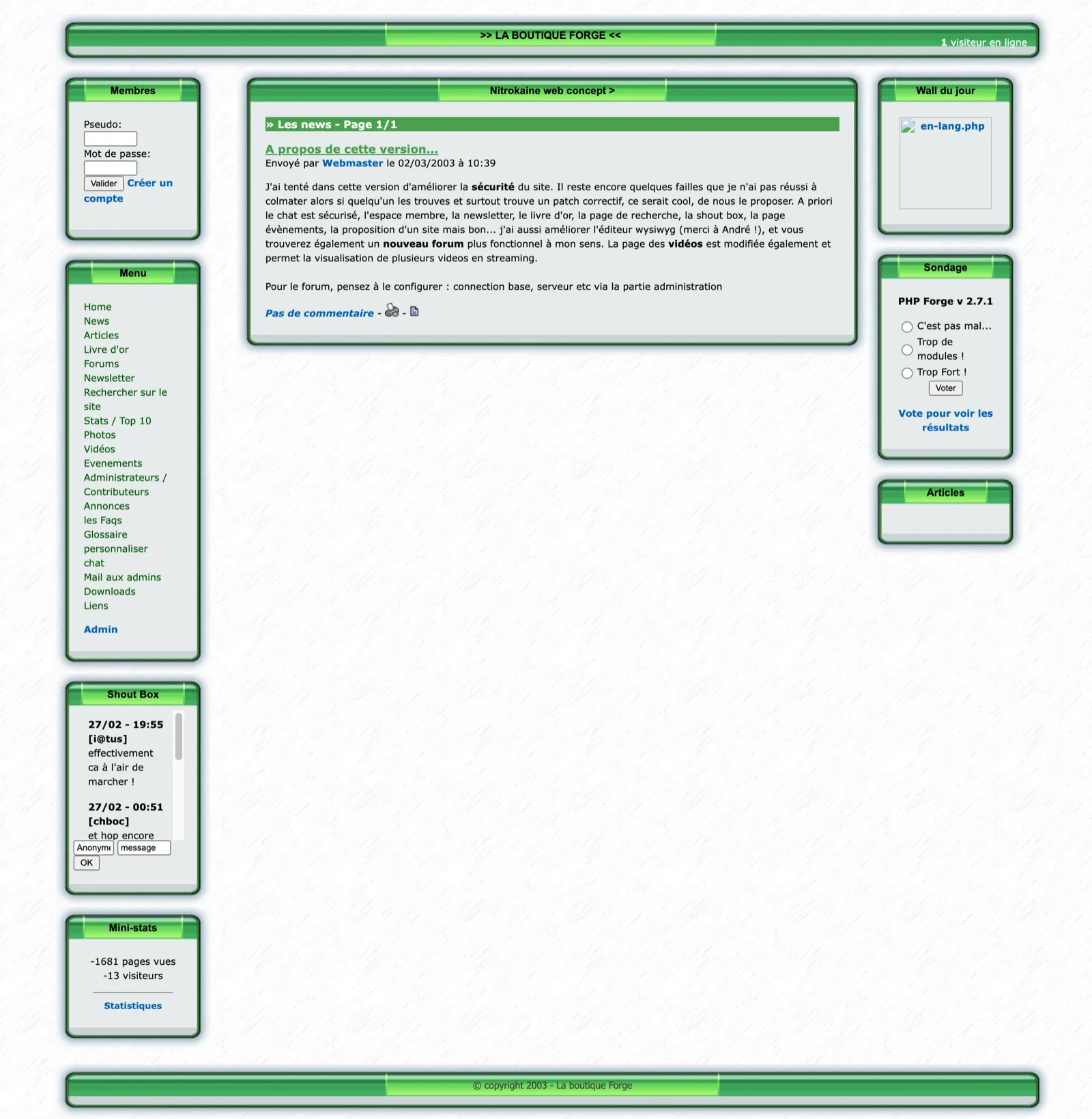 The news page of PHP Forge v2.7.3 running again on a local server, with the original 2003 content
