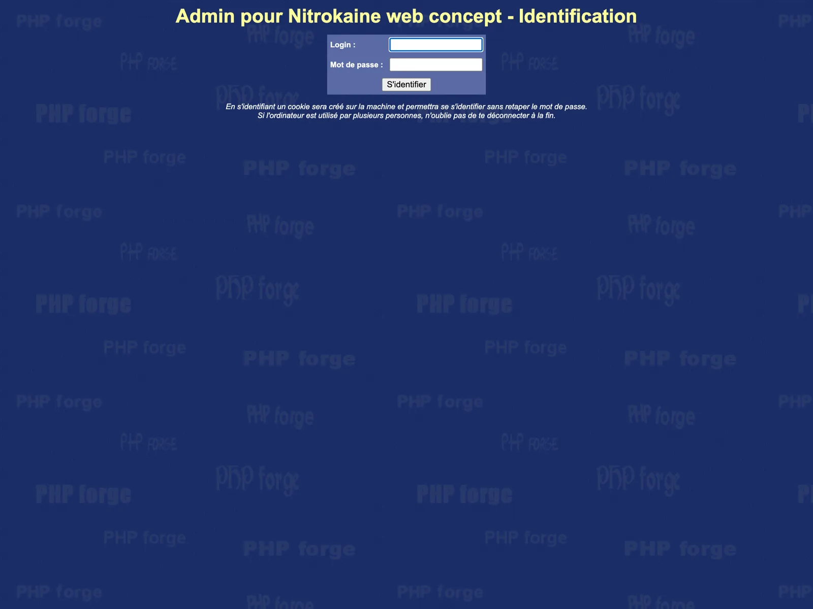 The PHP Forge v2.7.3 admin login screen, with the 'PHP forge' watermark background