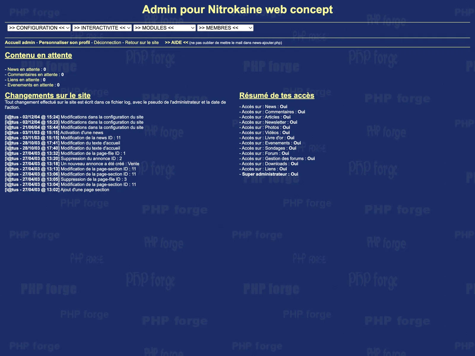 The PHP Forge v2.7.3 admin dashboard, opening on the i@tus modification journal and the access summary