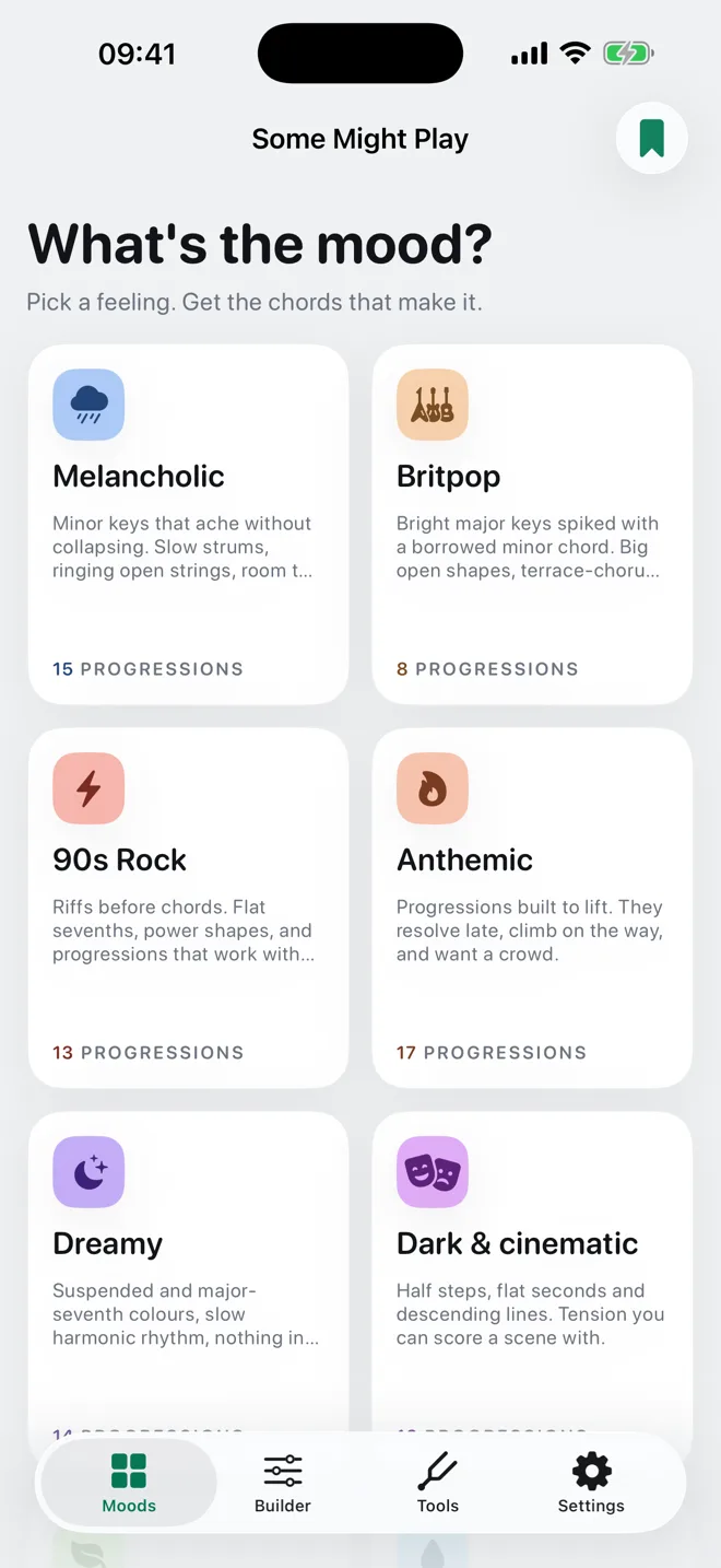 The mood grid in Some Might Play, sixteen moods including melancholic, britpop and dreamy