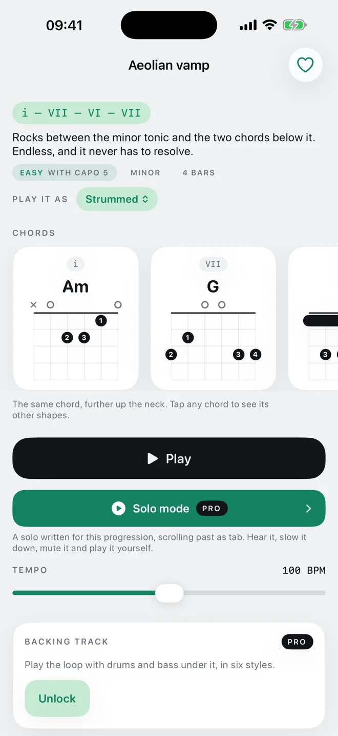 A progression screen showing the aeolian vamp as i VII VI VII with Am and G chord diagrams, a play button and a tempo slider